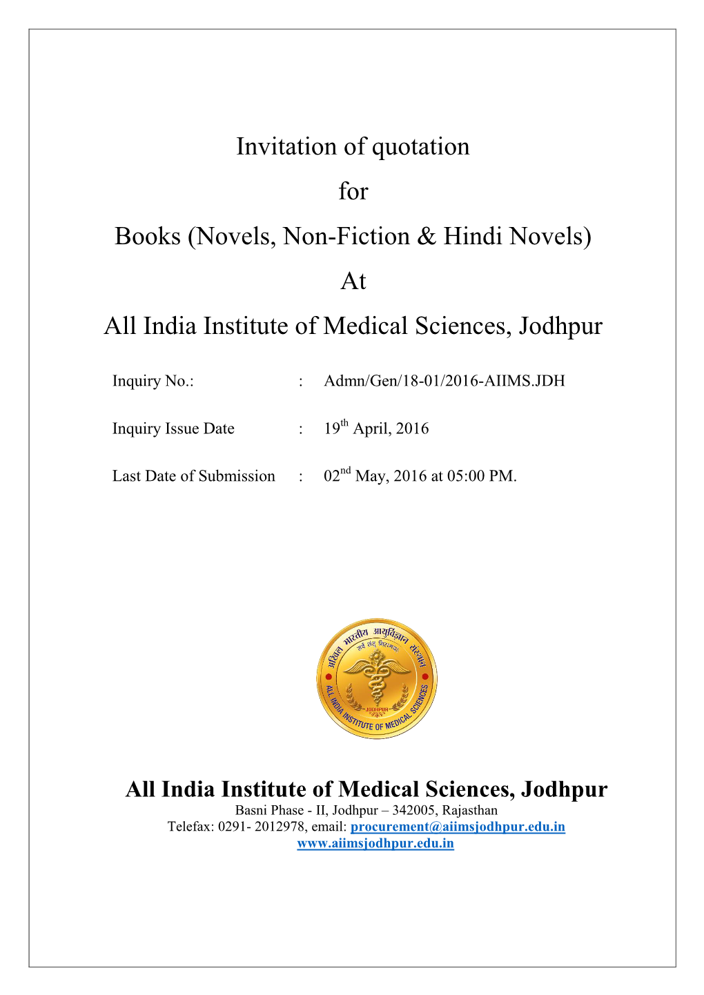 Invitation of Quotation for Books (Novels, Non-Fiction & Hindi Novels) at All India Institute of Medical Sciences, Jodhpur