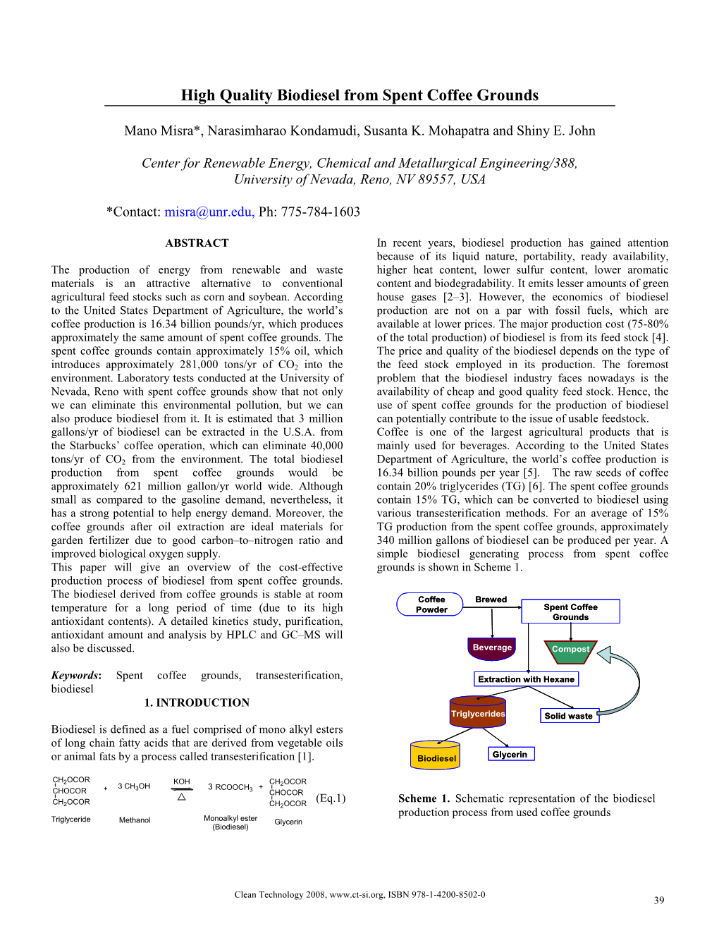 High Quality Biodiesel from Spent Coffee Grounds