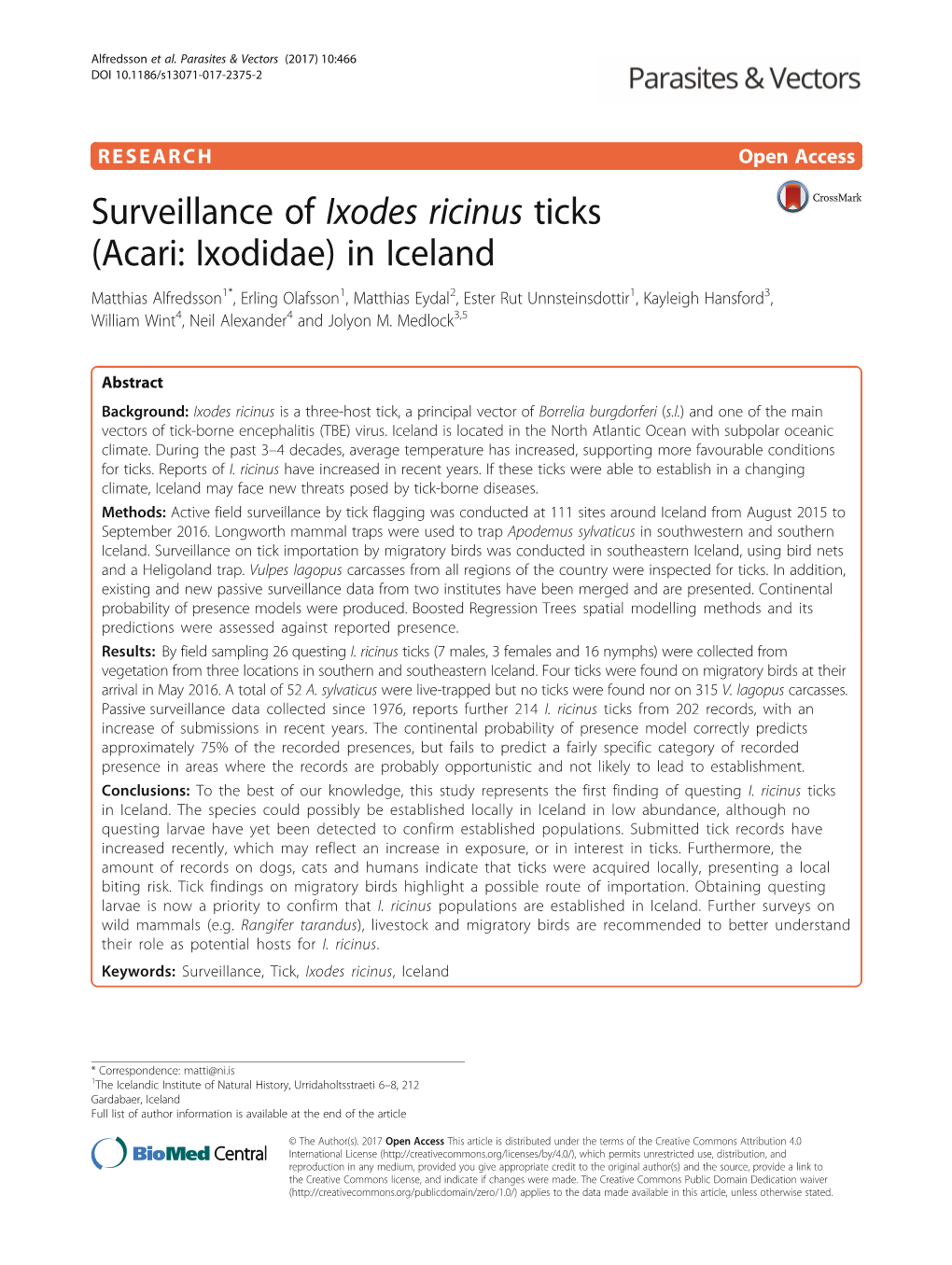 Surveillance of Ixodes Ricinus Ticks (Acari: Ixodidae) in Iceland