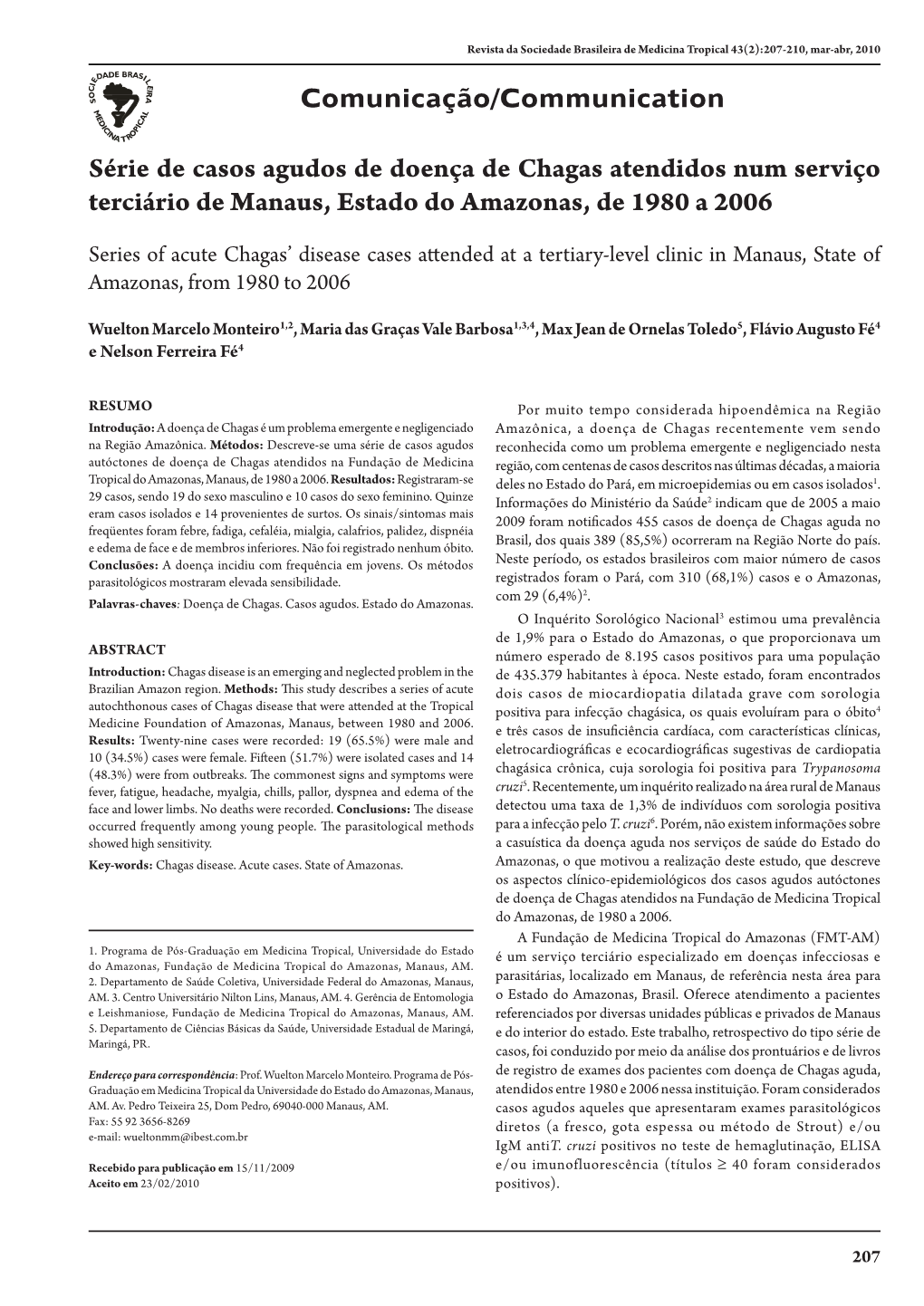 Série De Casos Agudos De Doença De Chagas Atendidos Num Serviço Terciário De Manaus, Estado Do Amazonas, De 1980 a 2006