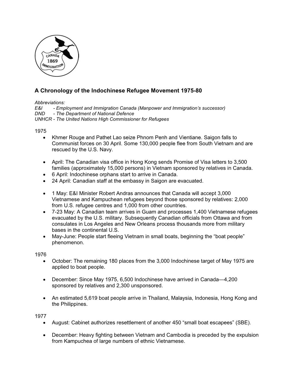 A Chronology of the Indochinese Refugee Movement 1975-80