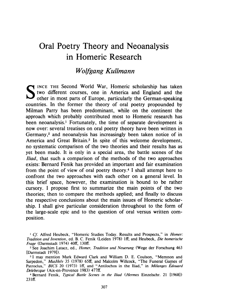 Oral Poetry Theory and Neoanalysis in Homeric Research , Greek, Roman and Byzantine Studies, 25:4 (1984) P.307