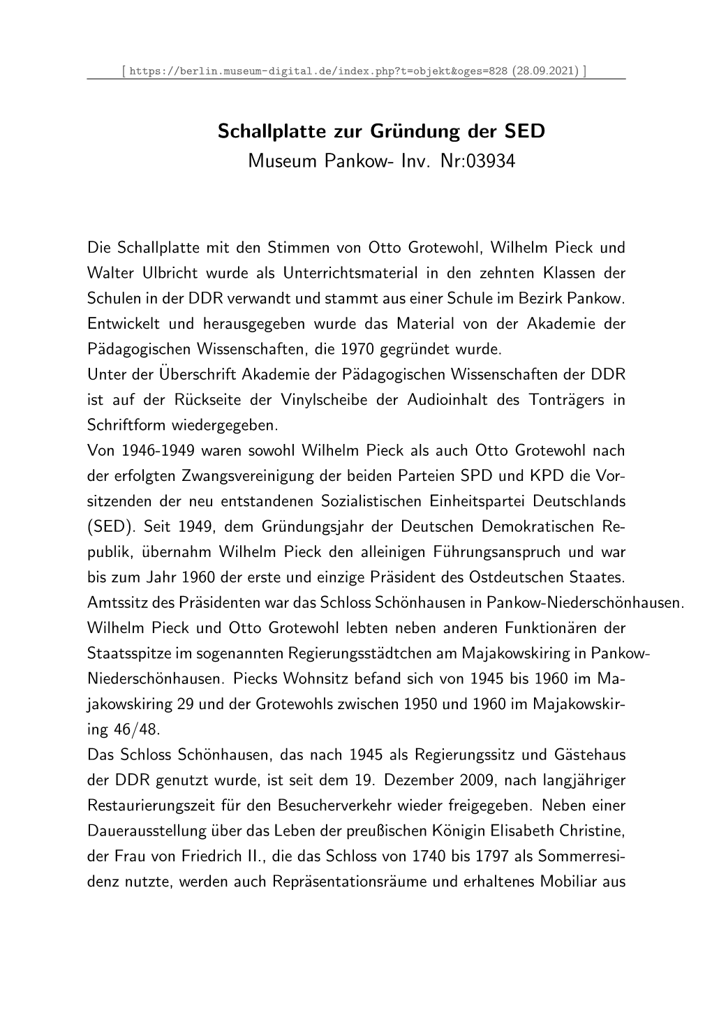 Schallplatte Zur Gründung Der SED Museum Pankow- Inv. Nr:03934