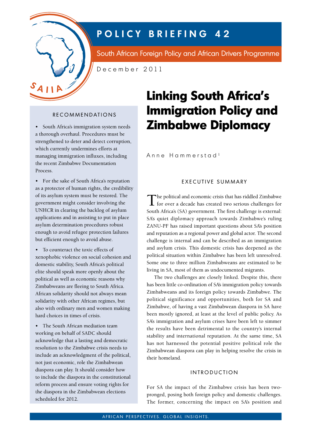 Linking South Africa's Immigration Policy and Zimbabwe Diplomacy