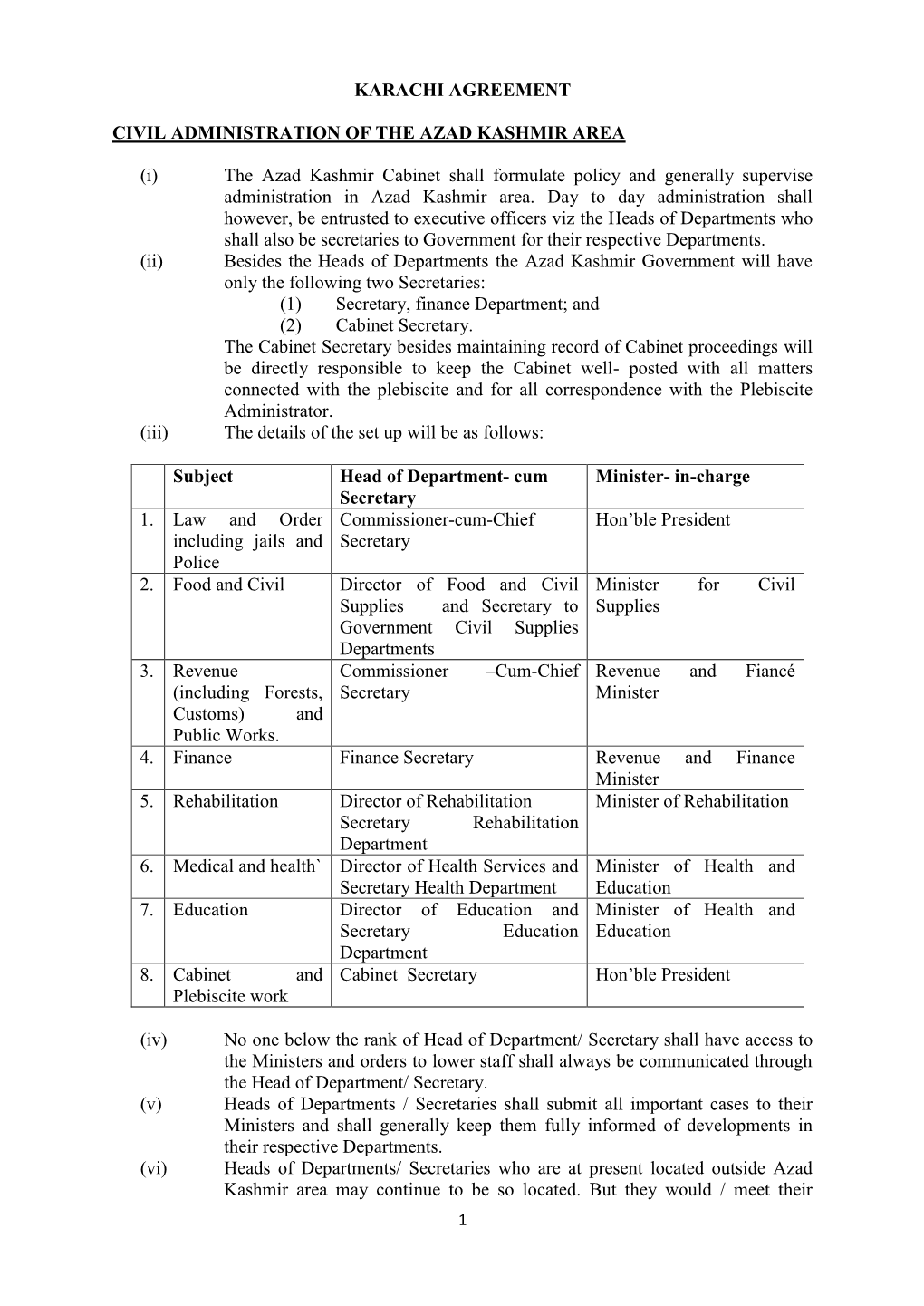 Karachi Agreement Civil Administration of the Azad