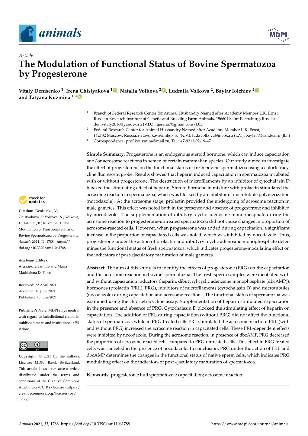 The Modulation of Functional Status of Bovine Spermatozoa by Progesterone