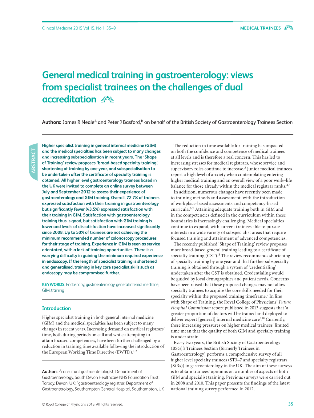 General Medical Training in Gastroenterology: Views from Specialist Trainees on the Challenges of Dual Accreditation