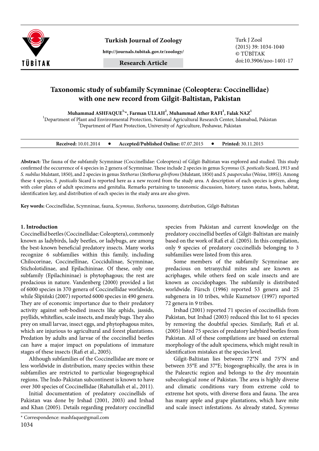 Taxonomic Study of Subfamily Scymninae (Coleoptera: Coccinellidae) with One New Record from Gilgit-Baltistan, Pakistan