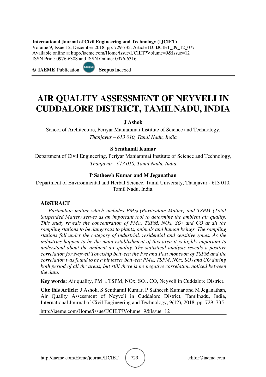 Air Quality Assessment of Neyveli in Cuddalore District, Tamilnadu, India