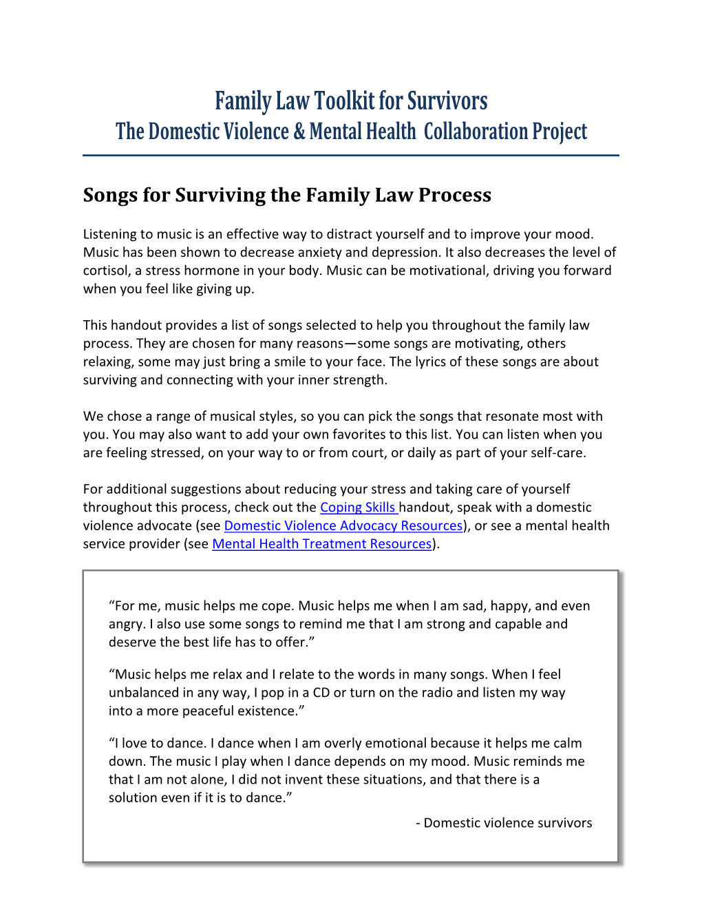 Family Law Toolkit for Survivors the Domestic Violence & Mental Health Collaboration Project