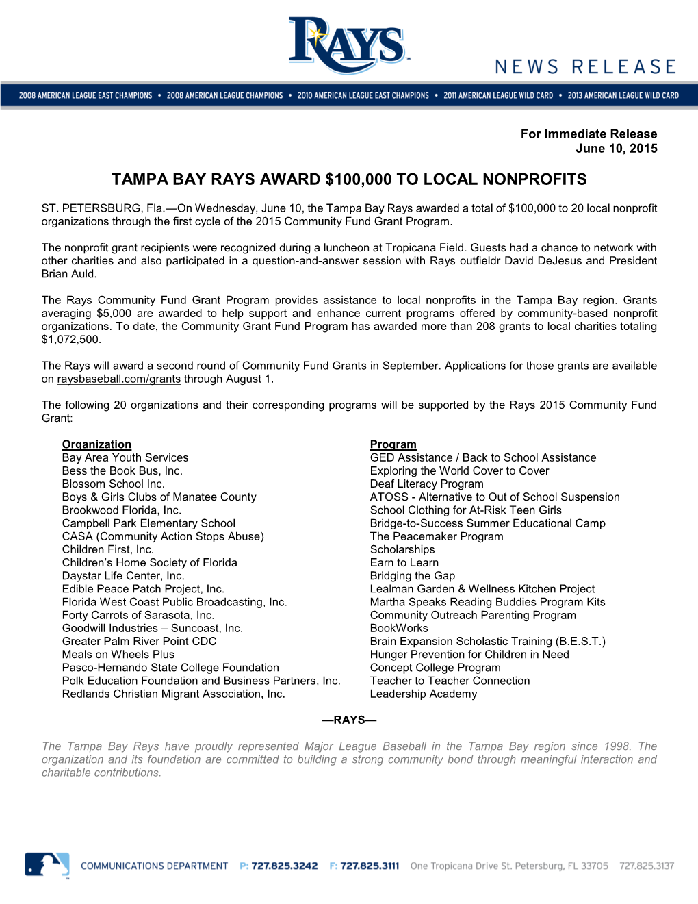 Press Release Rays Community Fund Grant Program