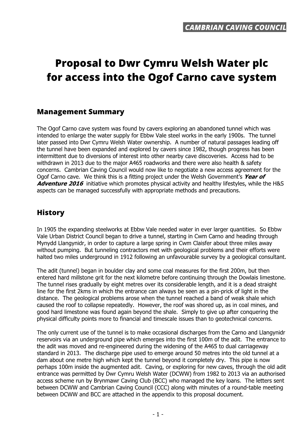Proposal to Dwr Cymru Welsh Water Plc for Access Into the Ogof Carno Cave System