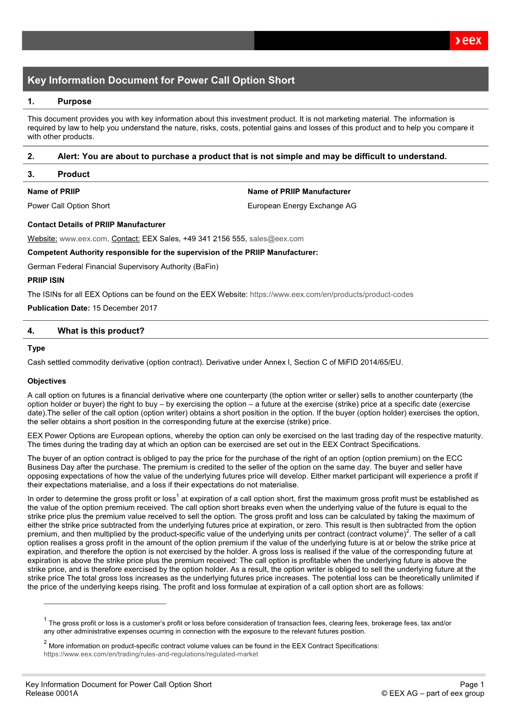 Key Information Document for Power Call Option Short