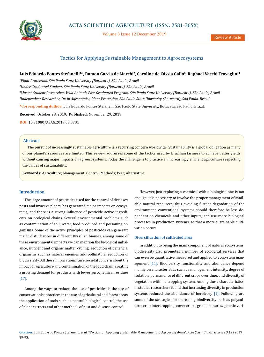 Tactics for Applying Sustainable Management to Agroecosystems