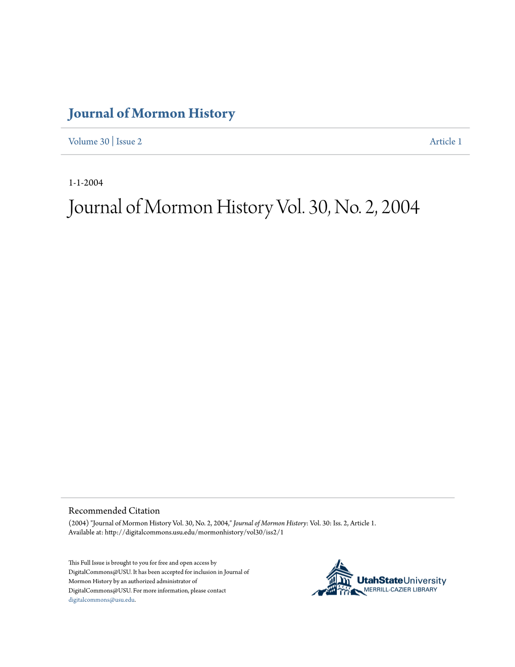 Journal of Mormon History Vol. 30, No. 2, 2004