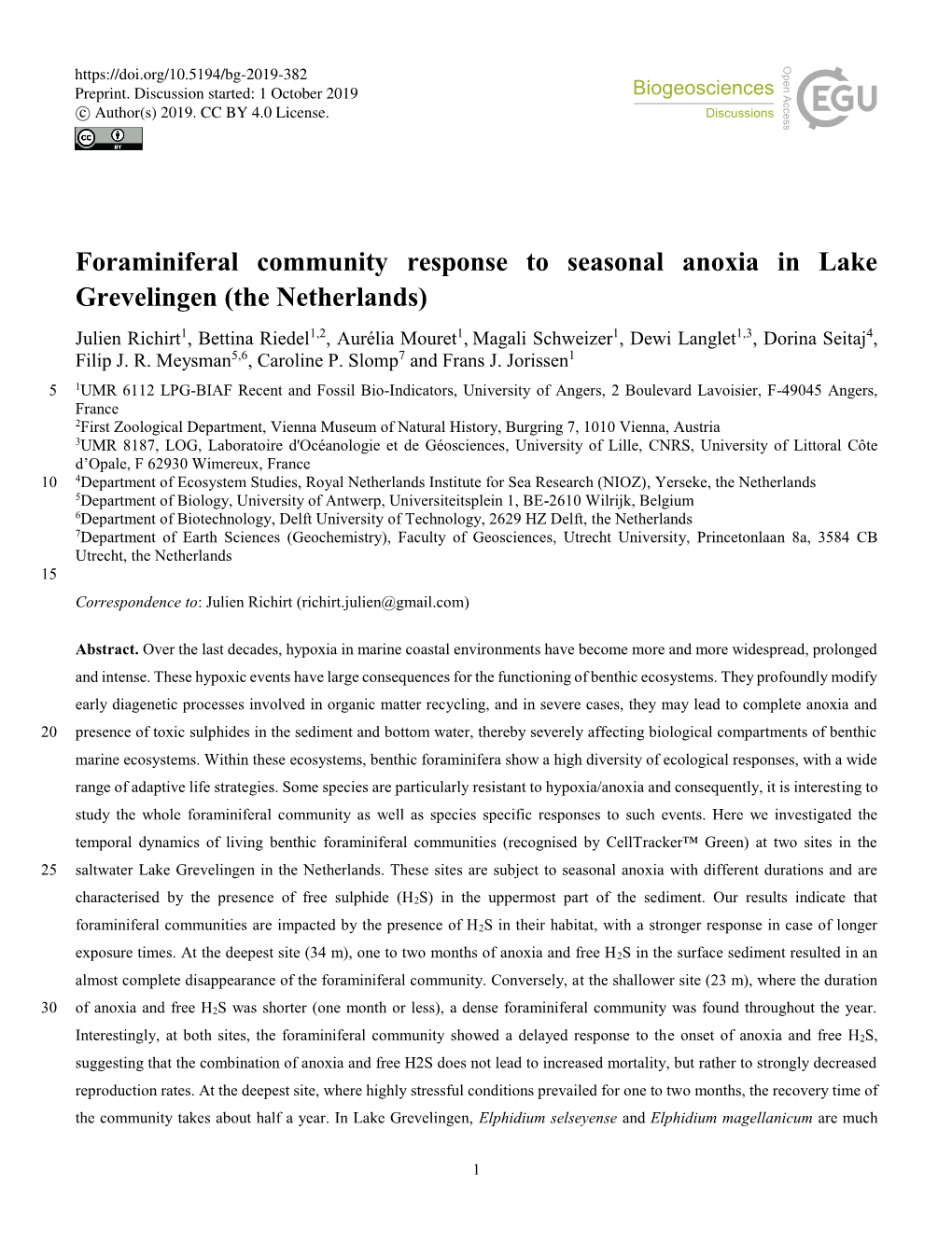 Foraminiferal Community Response to Seasonal Anoxia in Lake Grevelingen