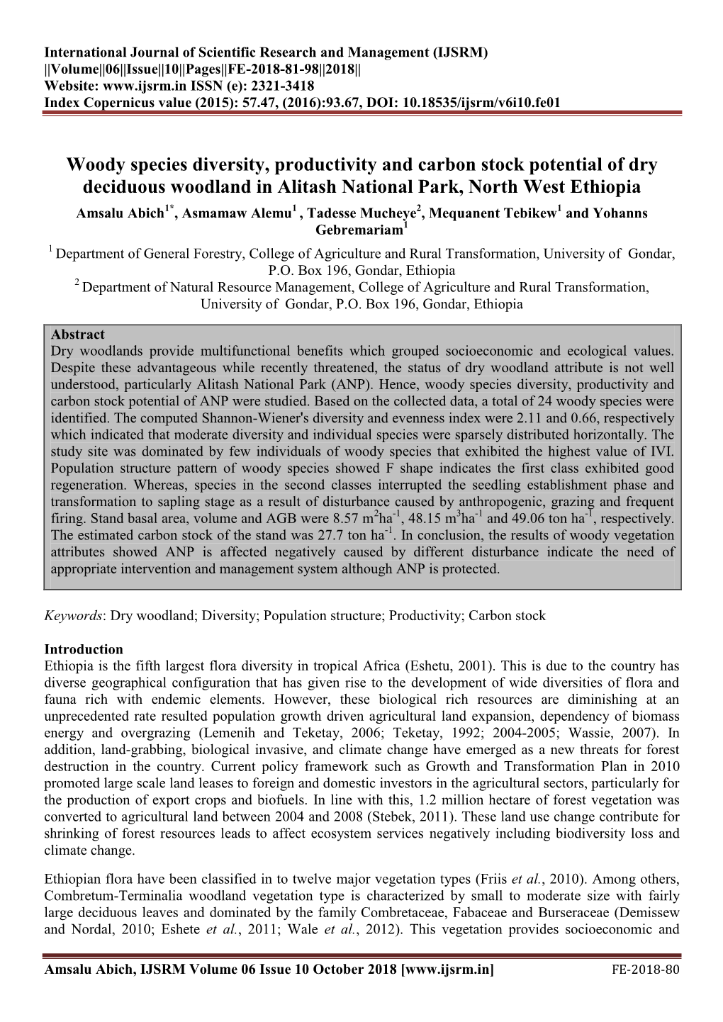 Woody Species Diversity, Productivity and Carbon Stock Potential of Dry