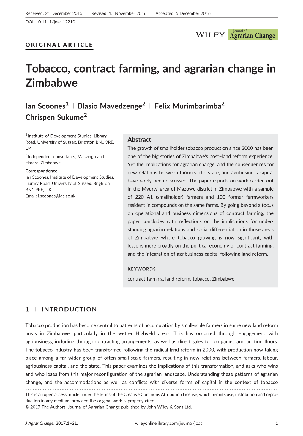 Tobacco, Contract Farming, and Agrarian Change in Zimbabwe