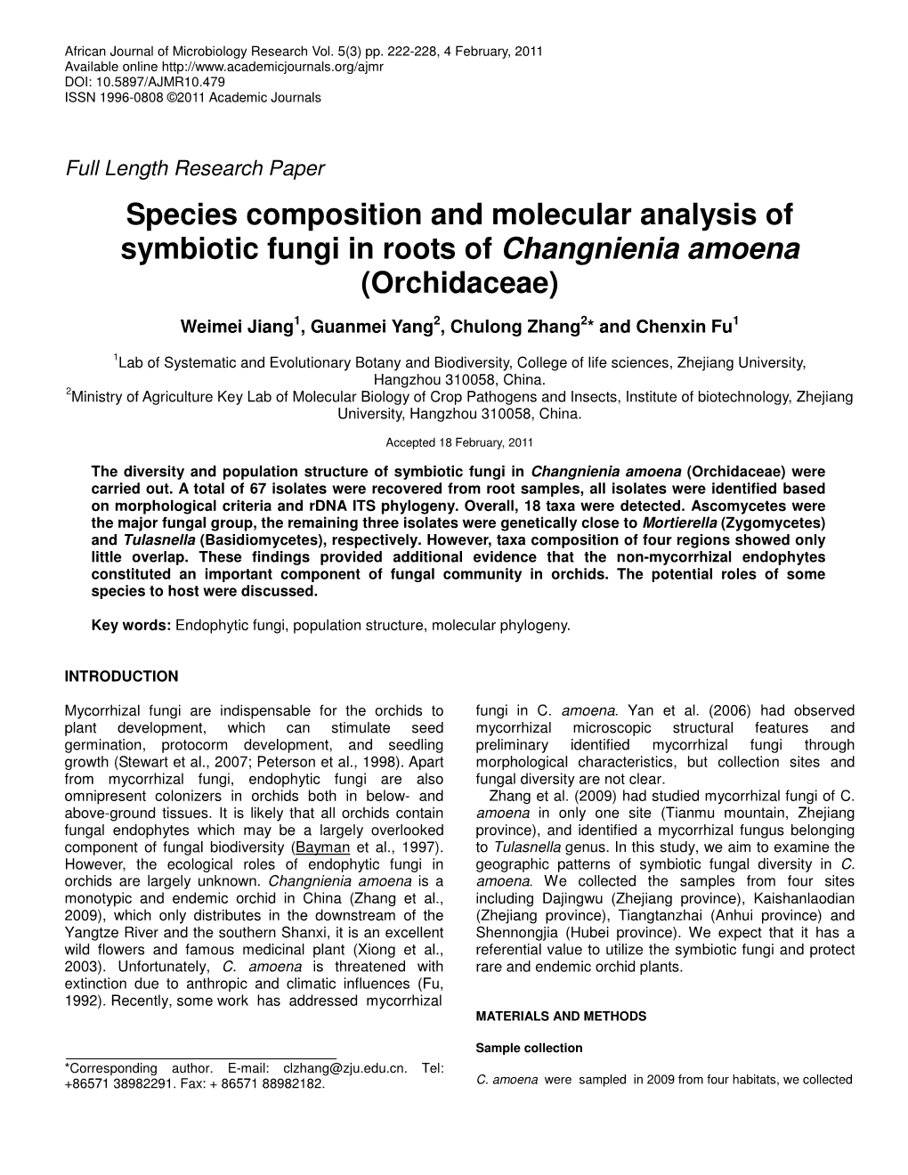 Species Composition and Molecular Analysis of Symbiotic Fungi in Roots of Changnienia Amoena (Orchidaceae)