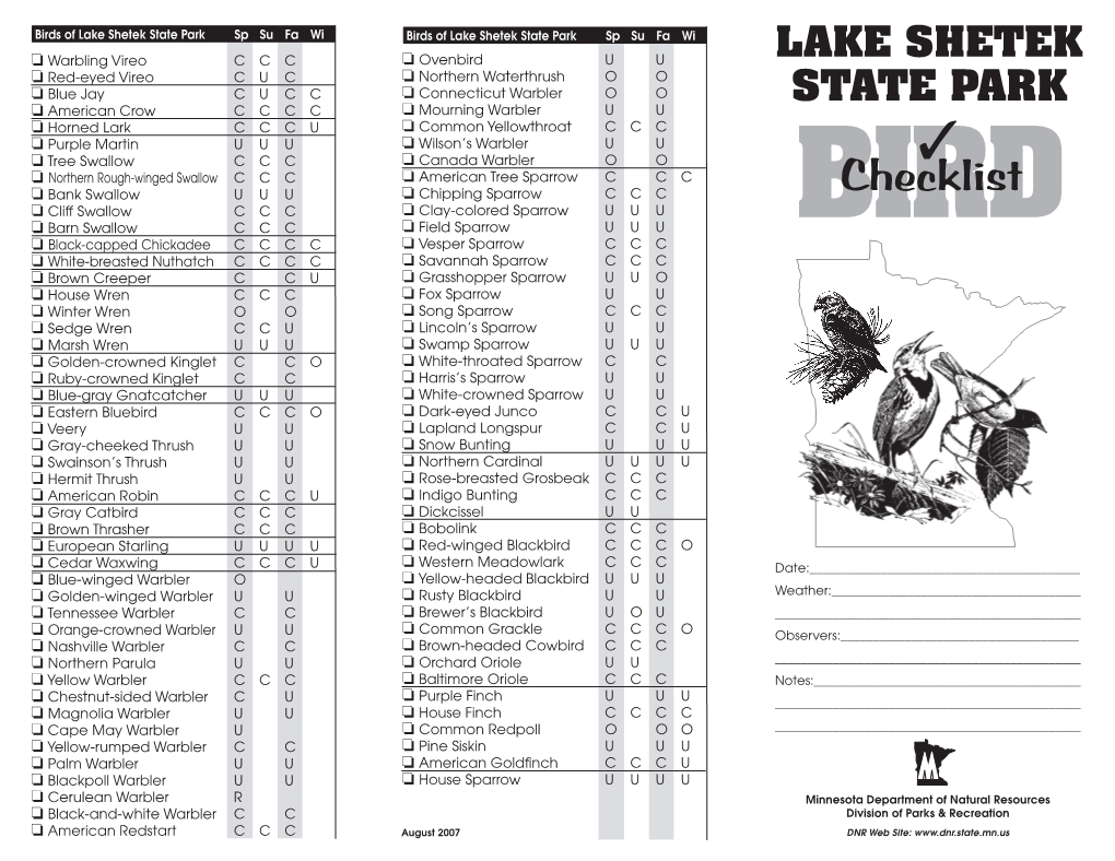 LAKE SHETEK State Park Bird Checklist