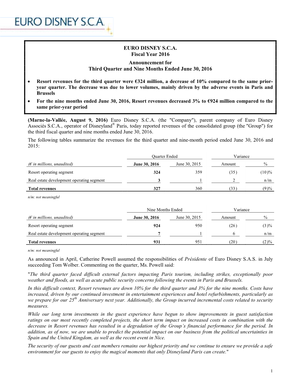 EURO DISNEY S.C.A. Fiscal Year 2016 Announcement for Third