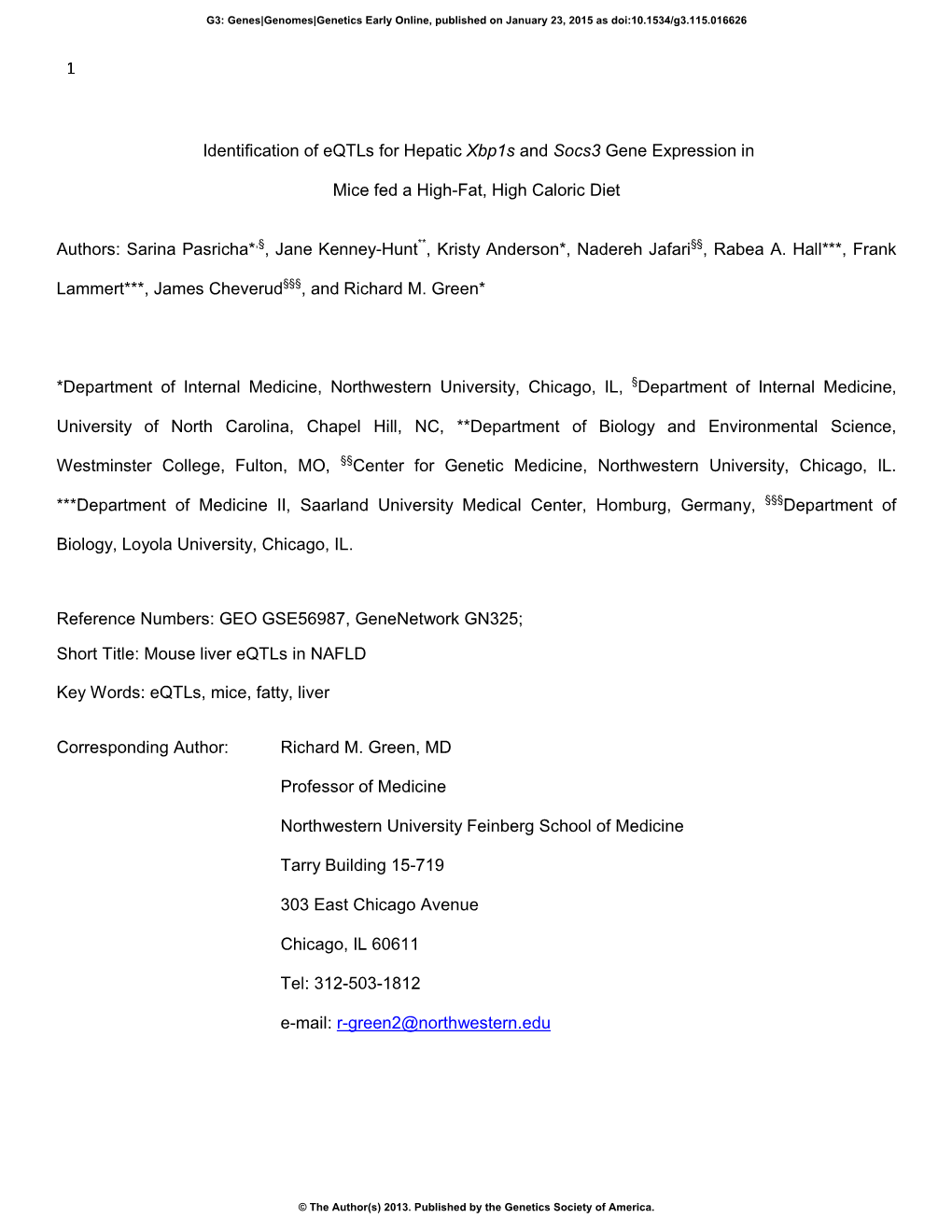 1 Identification of Eqtls for Hepatic Xbp1s and Socs3 Gene