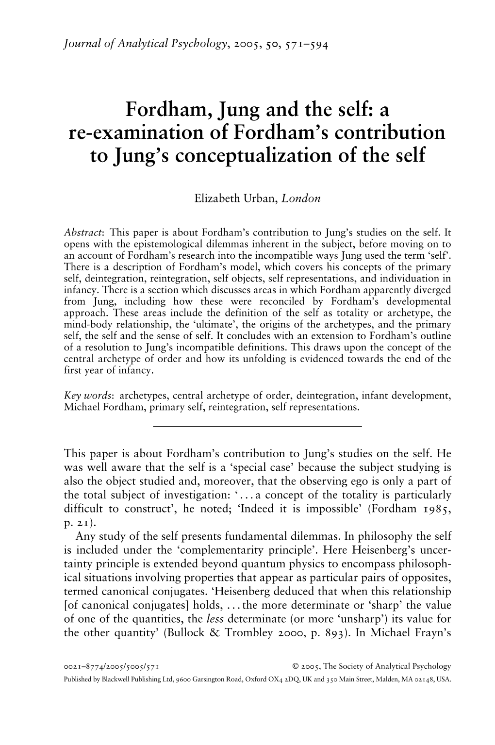 Fordham, Jung and the Self: a Re-Examination of Fordham's Contribution to Jung's Conceptualization of the Self