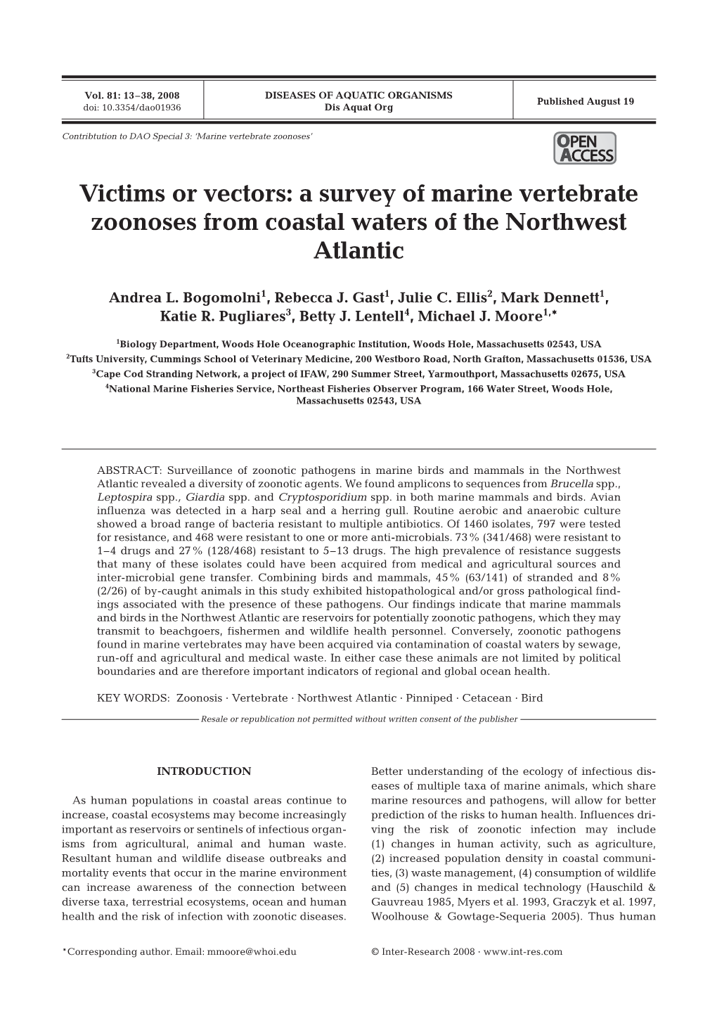 Victims Or Vectors: a Survey of Marine Vertebrate Zoonoses from Coastal Waters of the Northwest Atlantic