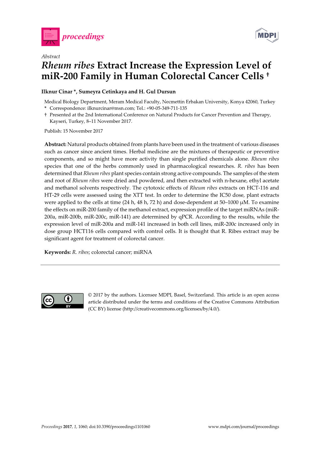 Rheum Ribes Extract Increase the Expression Level of Mir-200 Family in Human Colorectal Cancer Cells †