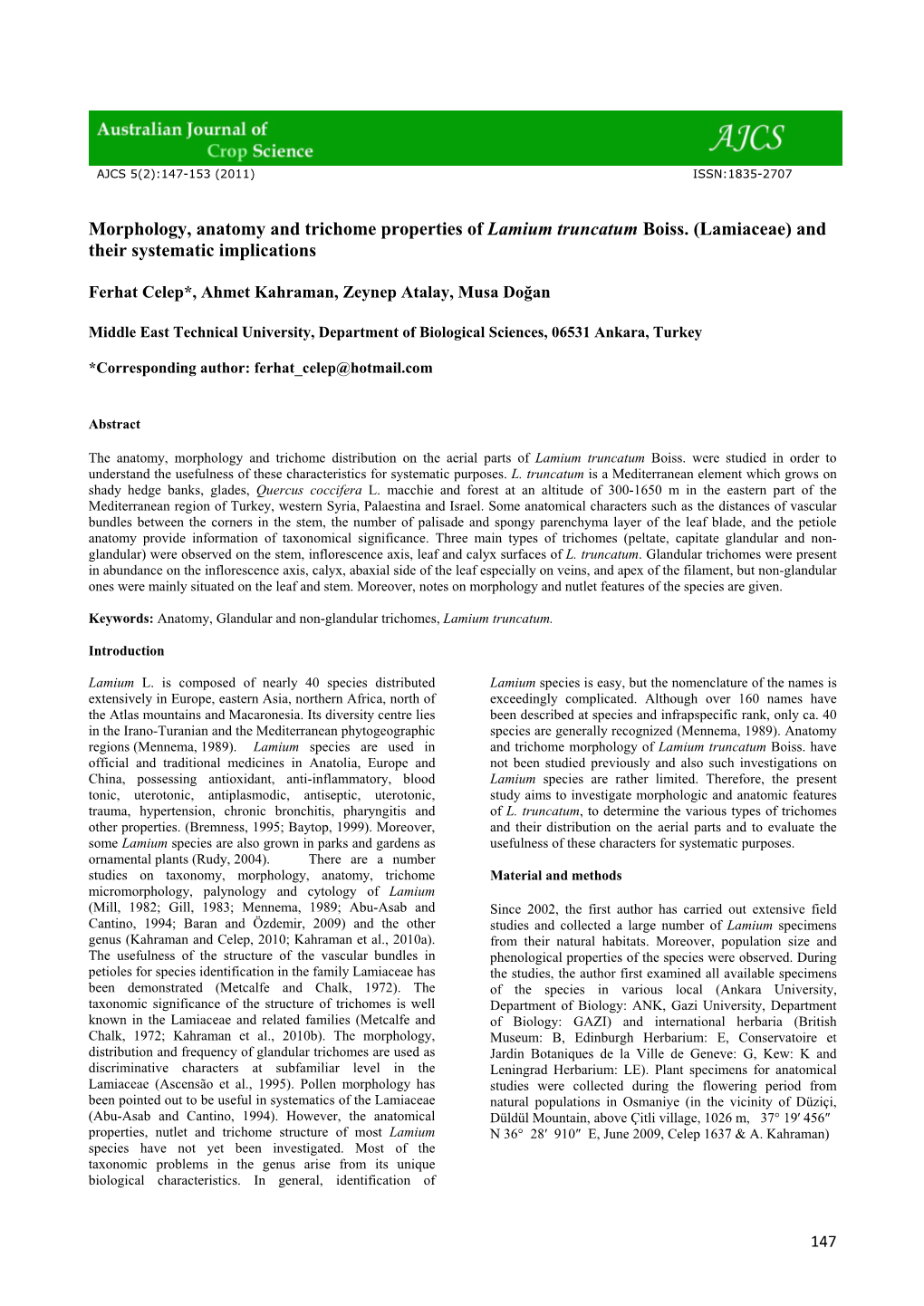 Morphology, Anatomy and Trichome Properties of Lamium Truncatum Boiss