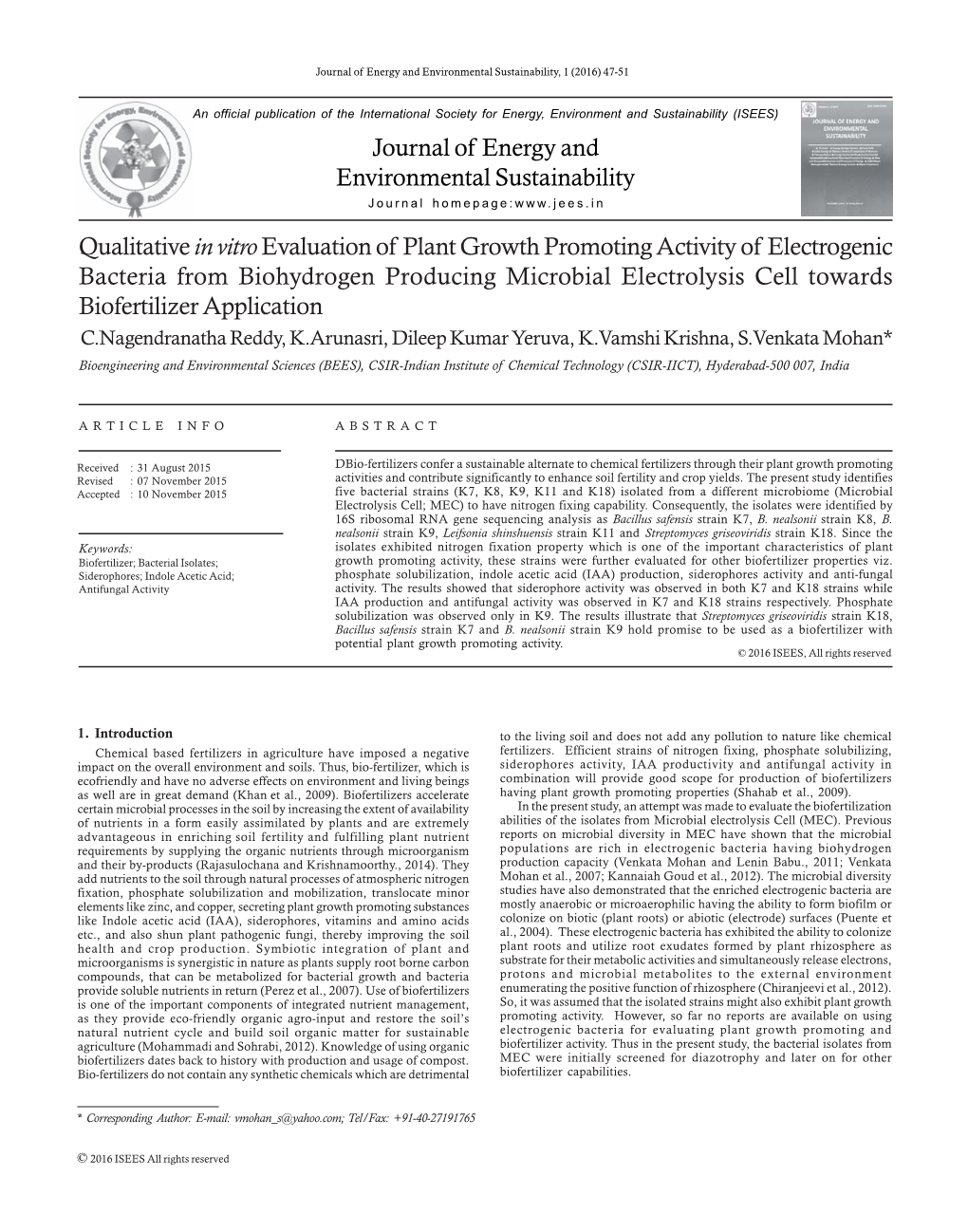 Journal of Energy and Environmental Sustainability Qualitative in Vitroevaluation of Plant Growth Promoting Activity of Electrog