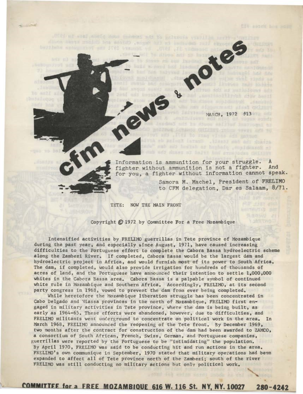 Y, NY. 10027 News and Notes #13 2 Frelimois First Military Crossing of the Zambezi Took Place Late in 1970