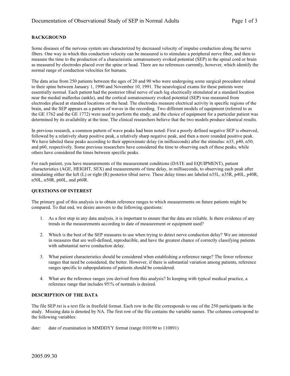 Documentation of Observational Study of SEP in Normal Adultspage 1 of 2