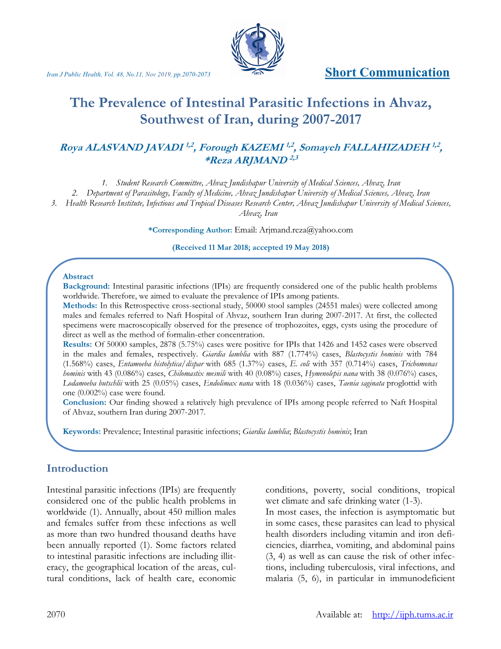 The Prevalence of Intestinal Parasitic Infections in Ahvaz, Southwest of Iran, During 2007-2017