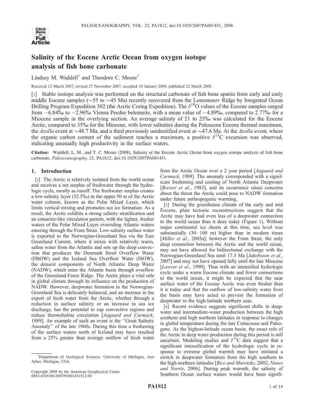 Salinity of the Eocene Arctic Ocean from Oxygen Isotope Analysis of Fish Bone Carbonate Lindsey M