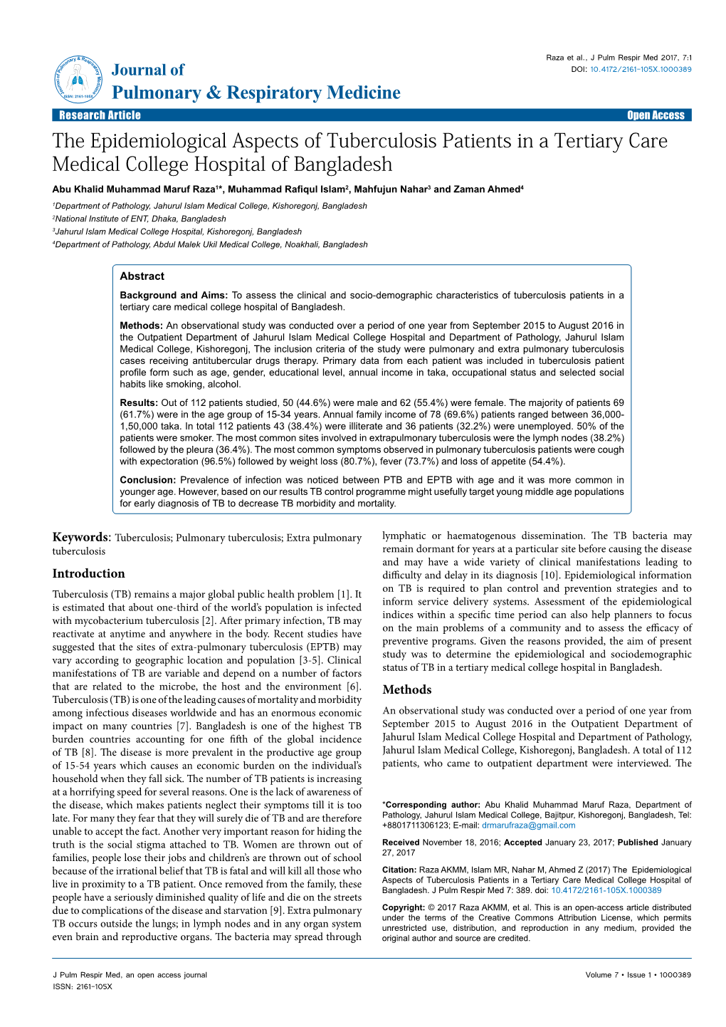 The Epidemiological Aspects of Tuberculosis Patients in a Tertiary Care Medical College Hospital of Bangladesh