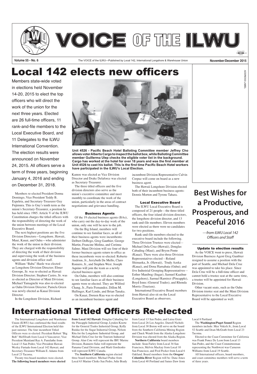 Local 142 Elects New Officers Address L A