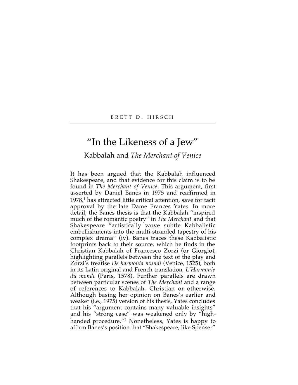 “In the Likeness of a Jew” Kabbalah and the Merchant of Venice