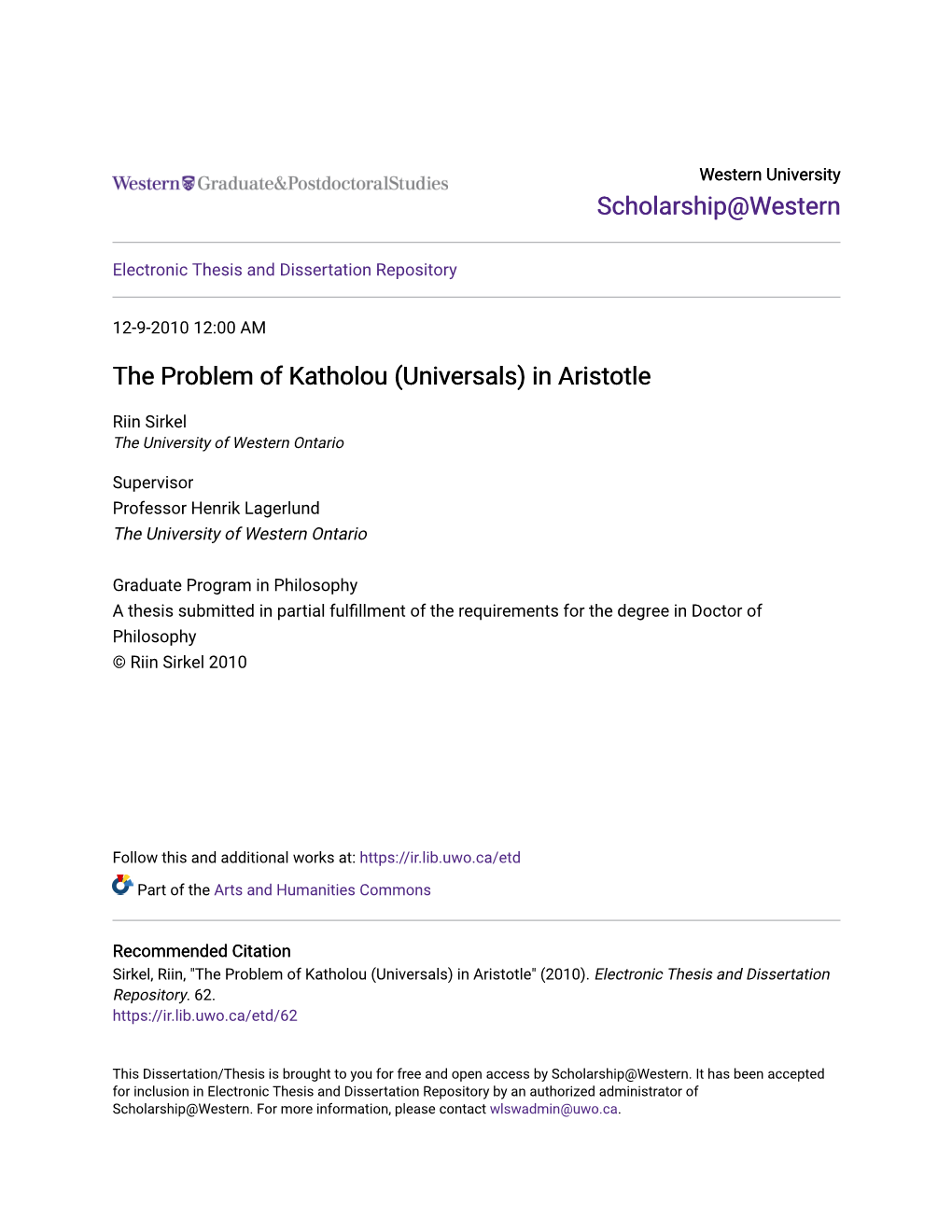 The Problem of Katholou (Universals) in Aristotle