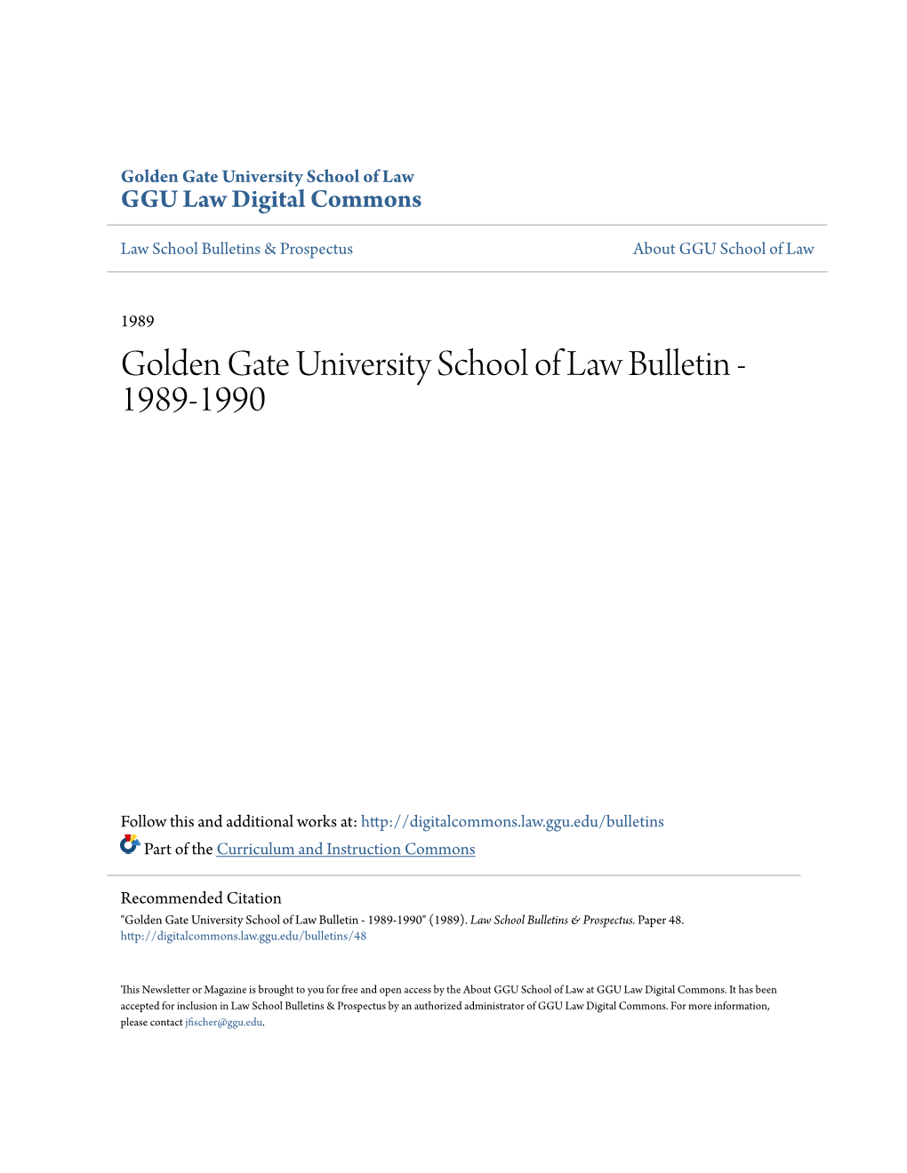 Golden Gate University School of Law Bulletin - 1989-1990