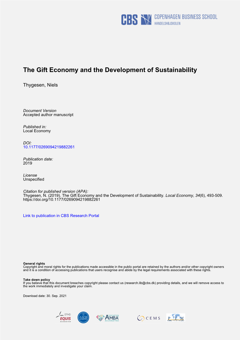 The Gift Economy and the Development of Sustainability