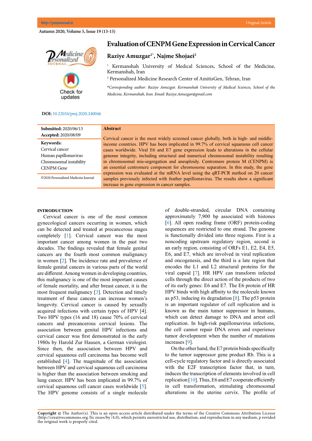 Evaluation of CENPM Gene Expression in Cervical Cancer