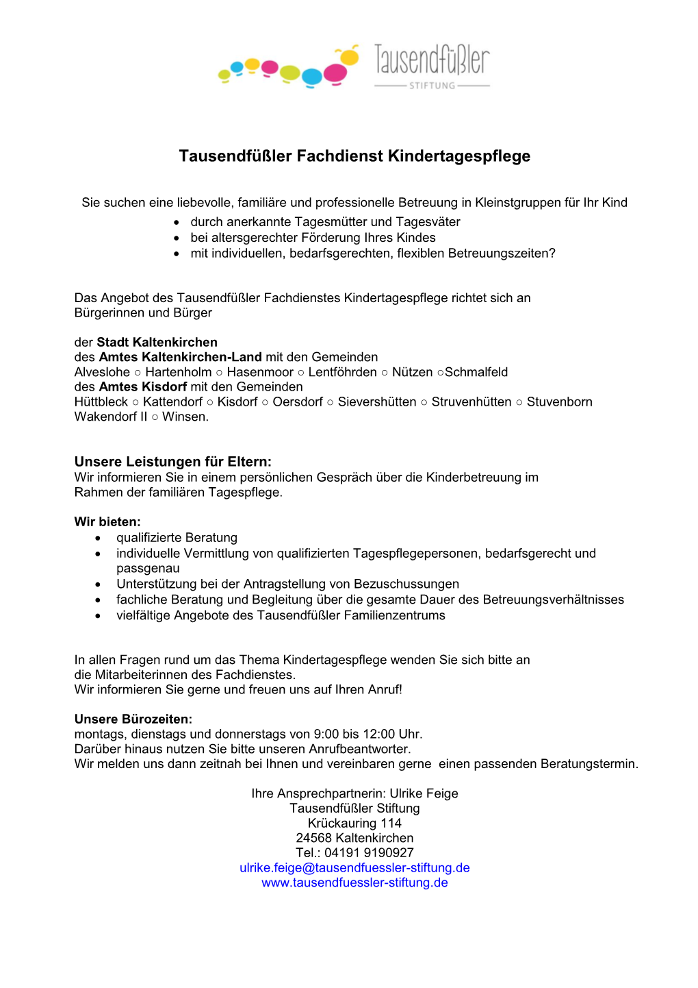 Tausendfüßler Fachdienst Kindertagespflege