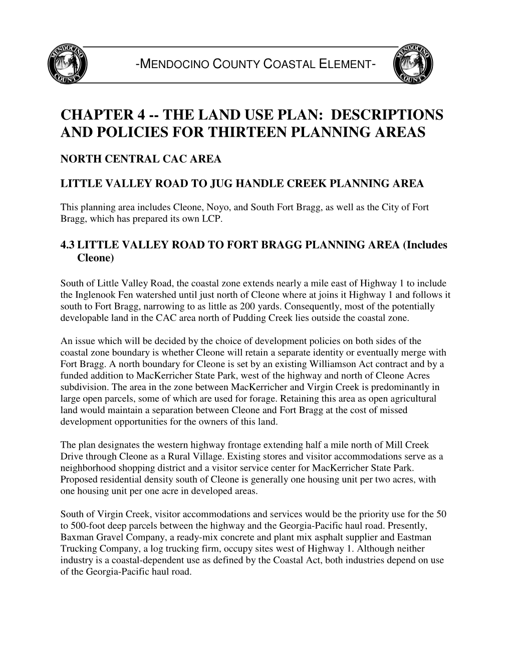 Chapter 4 -- the Land Use Plan: Descriptions and Policies for Thirteen Planning Areas