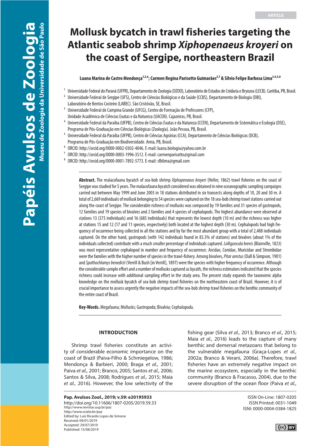 Mollusk Bycatch in Trawl Fisheries Targeting the Atlantic Seabob Shrimp Xiphopenaeus Kroyeri on the Coast of Sergipe, Northeastern Brazil