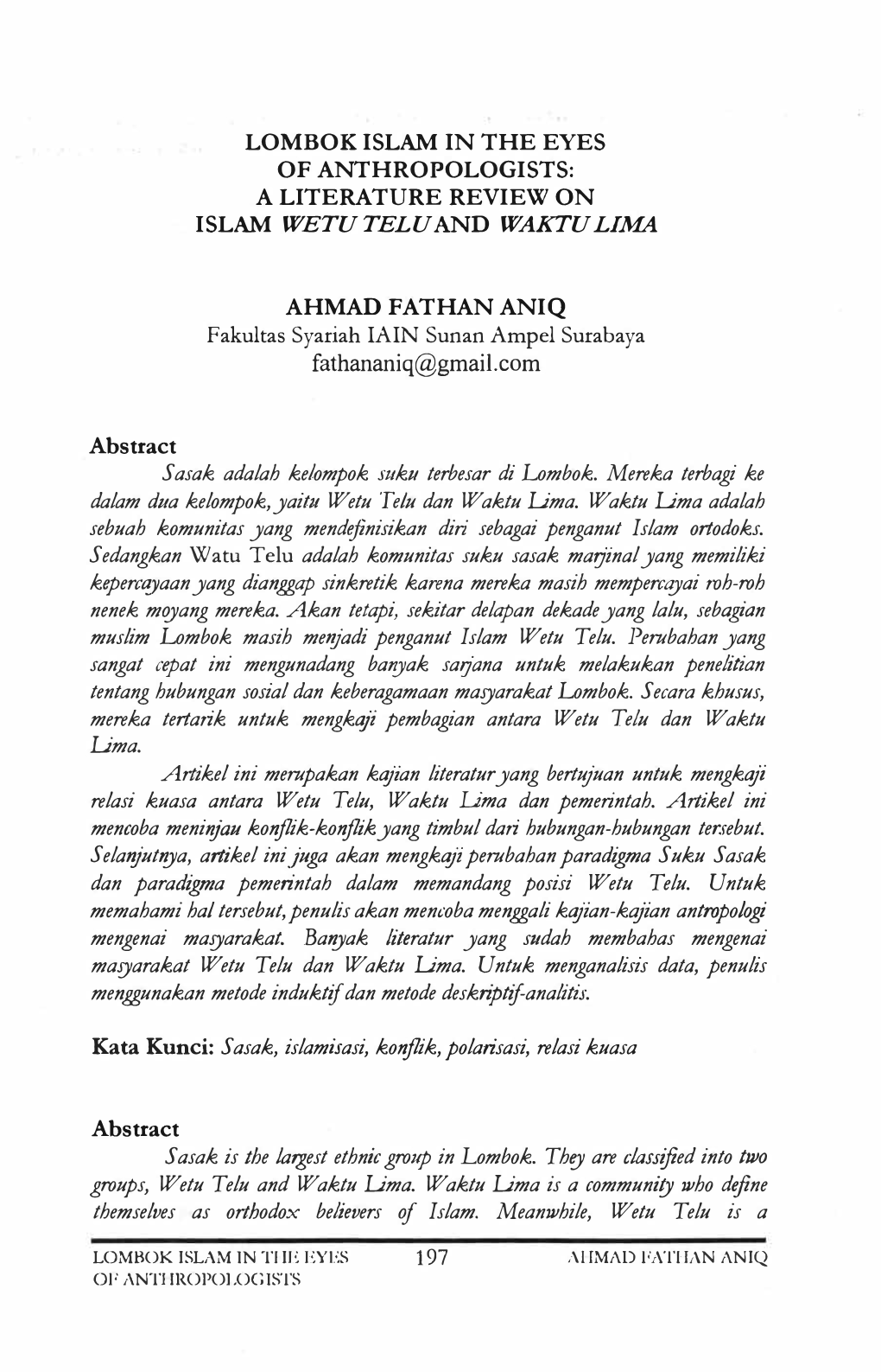 Lombok Islam in the Eyes of Anthropologists: a Literature Review on Islam Wetuteluand Waktulima