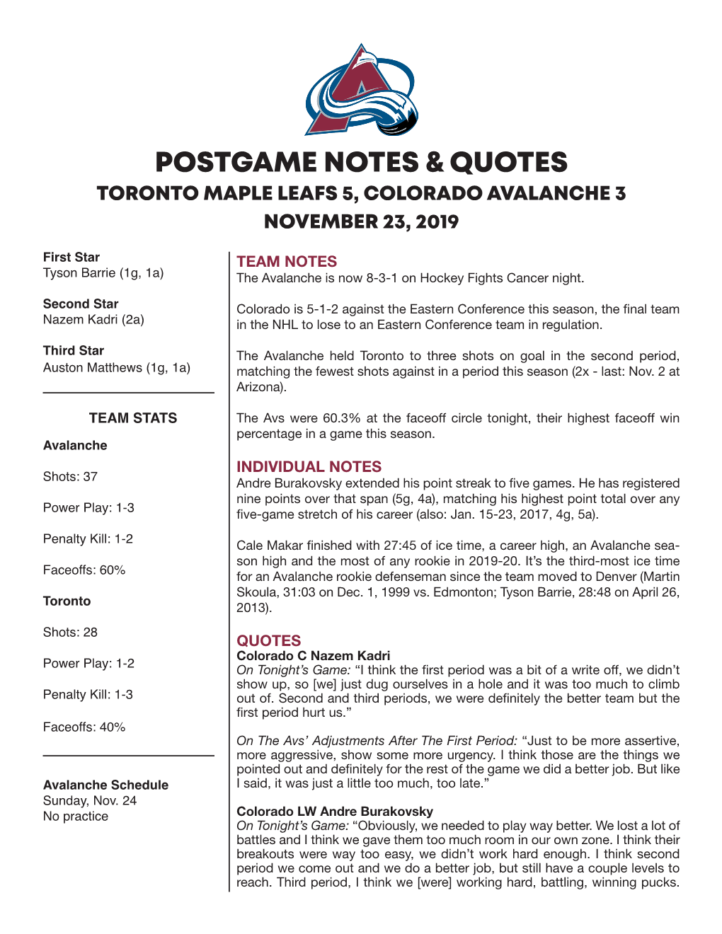 Postgame Notes & Quotes