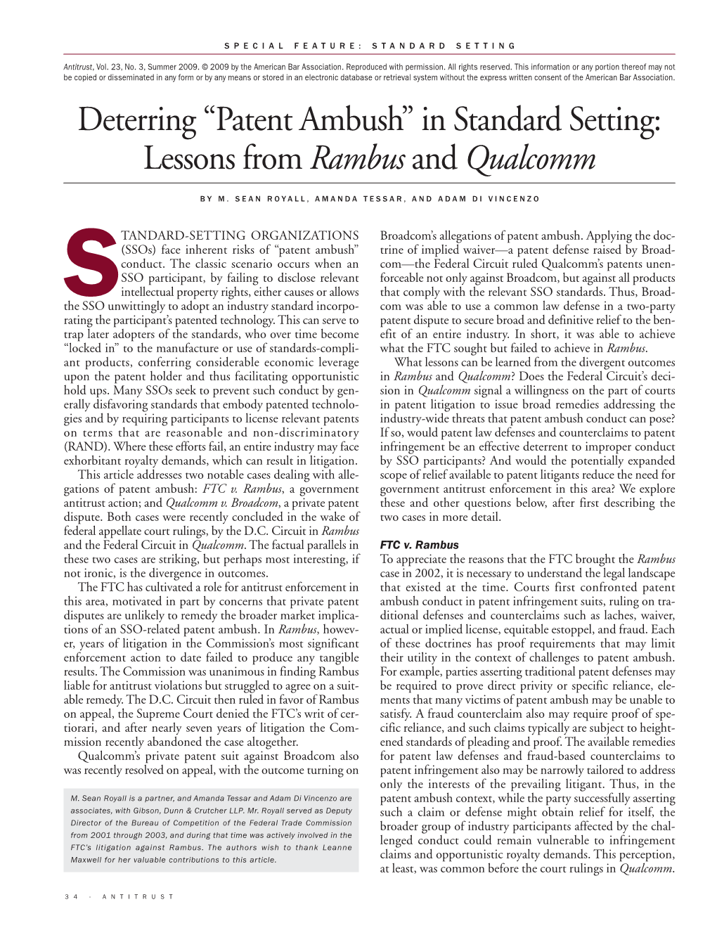 Deterring "Patent Ambush" in Standard Setting: Lessons From