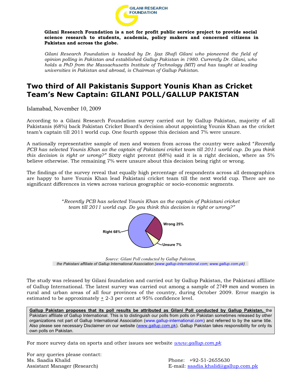 Two Third of All Pakistanis Support Younis Khan As Cricket Team’S New Captain: GILANI POLL/GALLUP PAKISTAN