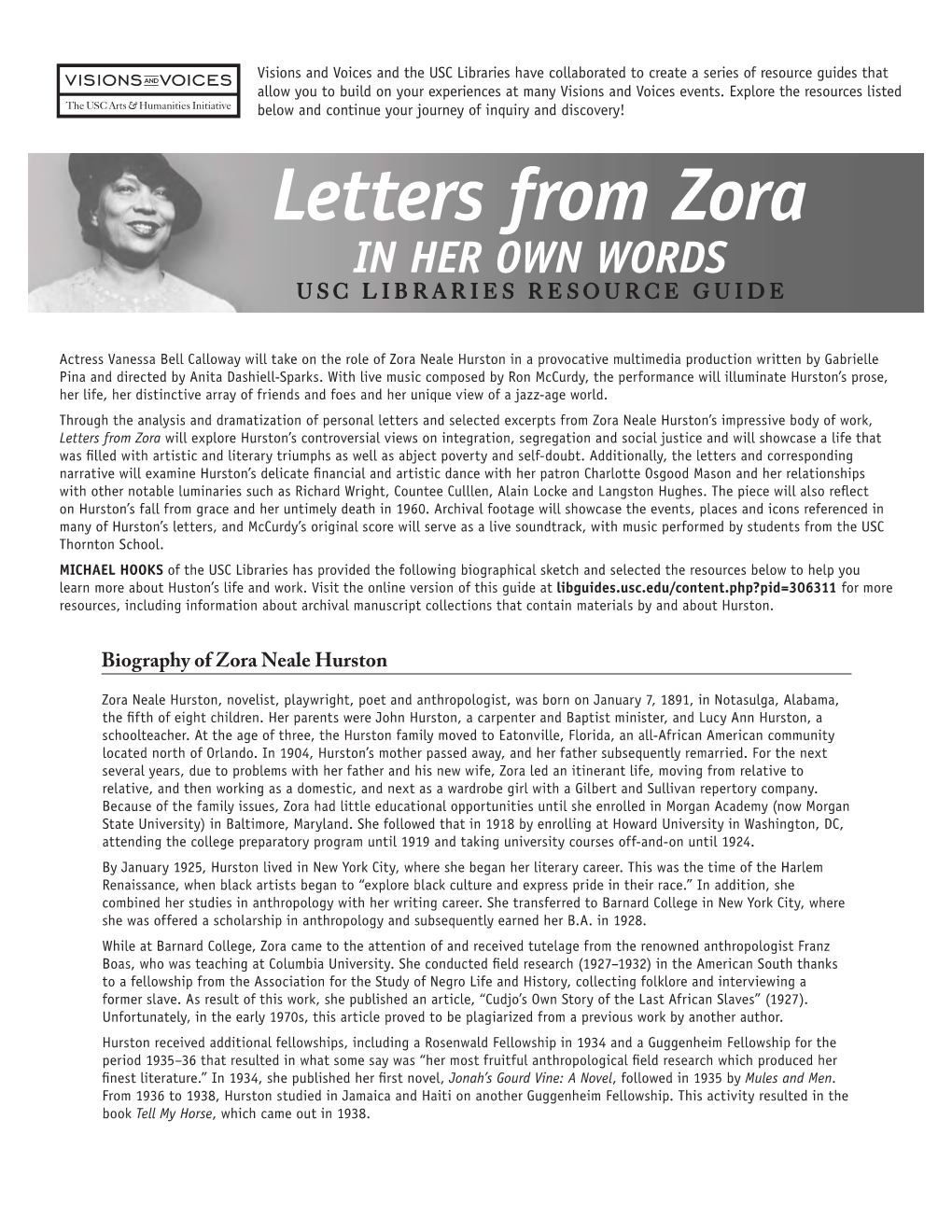 Letters from Zora in HER OWN WORDS USC LIBRARIES RESOURCE GUIDE